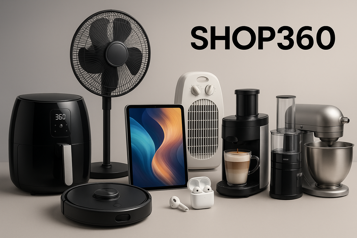 include the picture of Air fryer, Robot Vacuum ,Stand FANS, Tablets, ears buds heaters ,coffee Machine and Juicer and Food Process and Dough Mixer