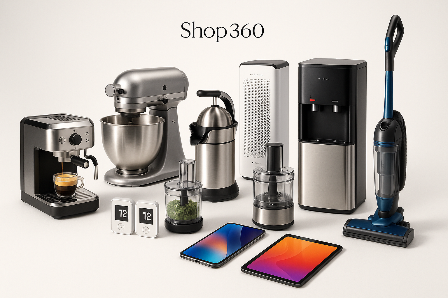 Create A STUDIO Level Picture for Shop360Store Display with Coffee Machine, Stand Mixer, Juicer Machine ,Food Processer ,Thermostats ,Heater ,Water Cooler ,Vacuum Cleaners ,Mobile and Tablets on top write the name Shop360 small size Fonts  