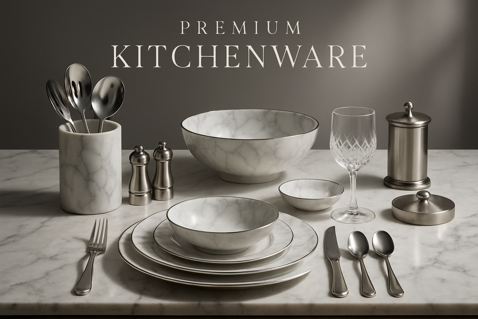 Create a studio level Picture with Premium Kitchen & Dinning Ware products in the Marble Dinning Sets add the name at top Premium Kitchenware  