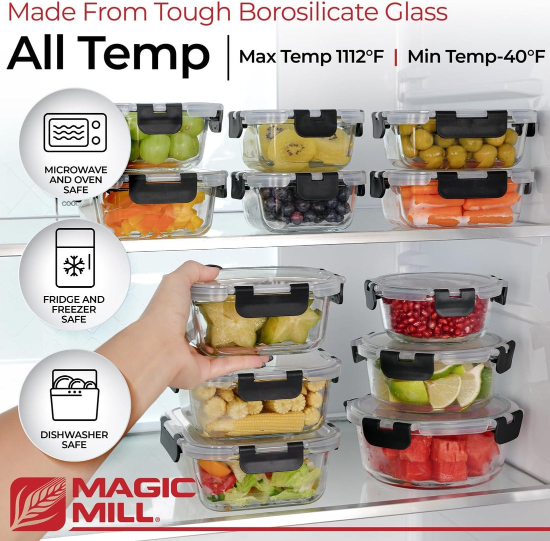 Magic Mill Glass Storage Containers with lids Set | Ultimate 24pc Sets with 12 Food Storage Containers & 12 Airtight Locking Lids.