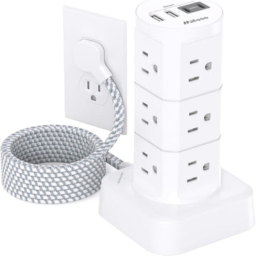 Surge Protector Power Strip Tower - Flat Plug Power Strip with 12 Outlets 4 USB Ports (2 USB C), 6FT Extension Cord, Multi Plug Outlet Extender Overload Protection for Home, Office and Dorm Essential