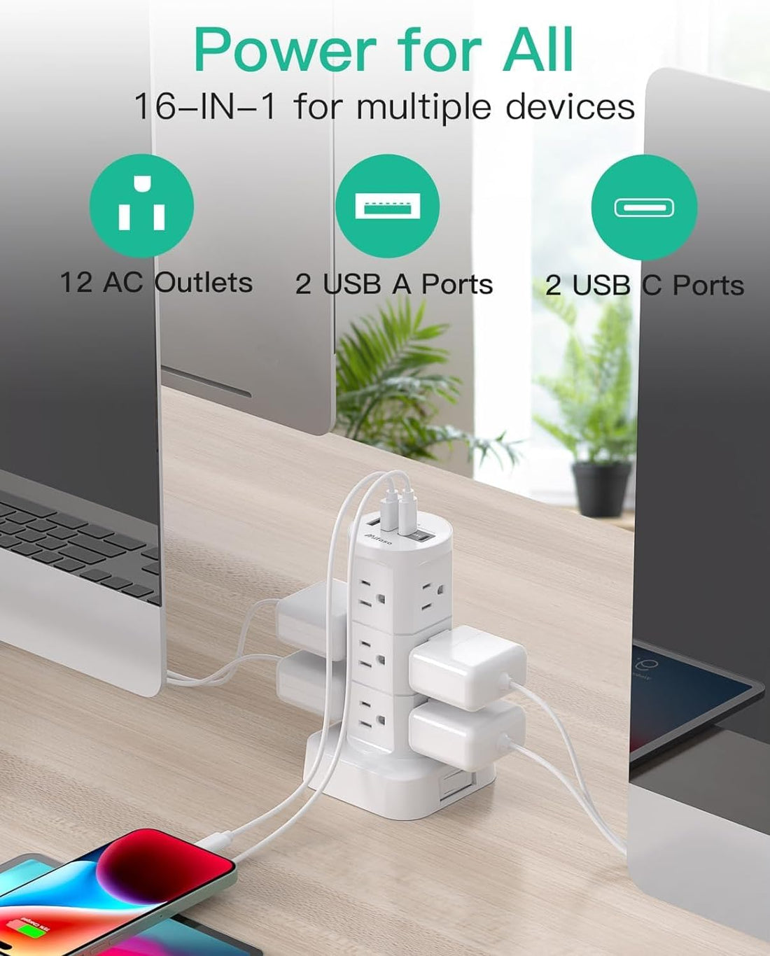 Surge Protector Power Strip Tower - Flat Plug Power Strip with 12 Outlets 4 USB Ports (2 USB C), 6FT Extension Cord, Multi Plug Outlet Extender Overload Protection for Home, Office and Dorm Essential